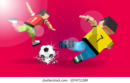 two cartoon soccer players hit the ball. Welcome to Russia flat style logo.  Football player in vector illustration 