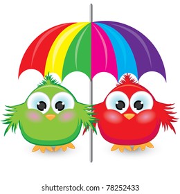 Two cartoon sparrow under the umbrella. Illustration on white background