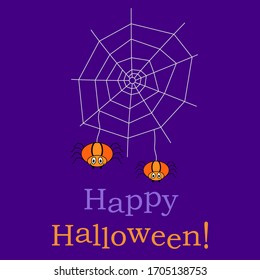 Two cartoon spiders hanging from a cobweb. Cute orange spiders and white net on a purple background. Flat vector illustration. Funny Halloween greetings. For card, invitation.