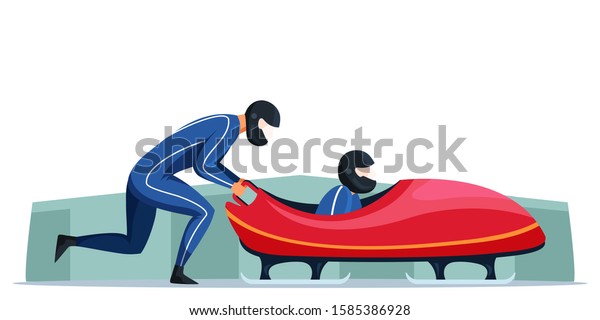 Two cartoon
sportsmen on track ready for competitive race. Bobsled winter
sport. Bobsledding athletes. Championship competition. Vector flat
sporting equipment
illustration