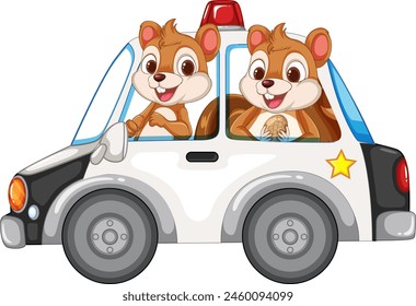 Two cartoon squirrels enjoying a ride in a car