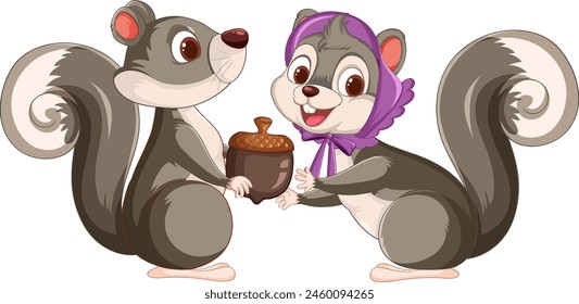 Two cartoon squirrels exchanging a large acorn