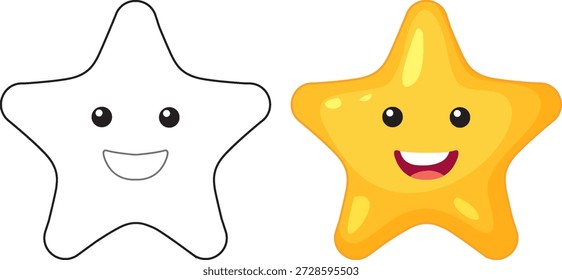 Dos personajes de estrellas de dibujos animados con caras felices presentados en versiones de contorno de color y negro