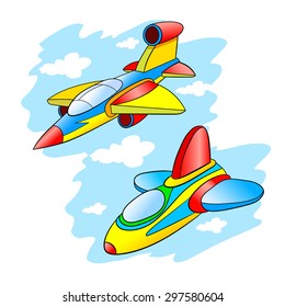 Two cartoon stealth fighter flying in the cloudy sky.