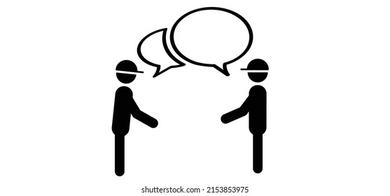 Two cartoon stickman, stick figure man, dialogue, speaking people icon or pictogram. Talk or chat icon or pictogram. talking, speech bubble symbol. Friendship conversation. People talking, feedback
