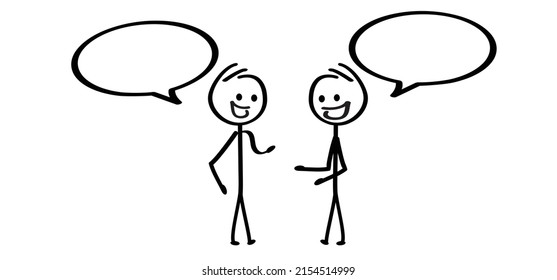 Two cartoon stickman, stick figure man, dialogue, speaking people icon or pictogram. Talk or chat icon or pictogram. talking, speech bubble symbol. Friendship conversation. People talking, feedback