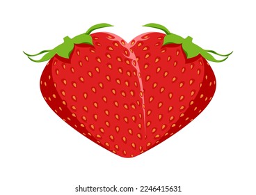 Two cartoon strawberries together forming a heart. Symbol of love, romance and Valentine's Day.
