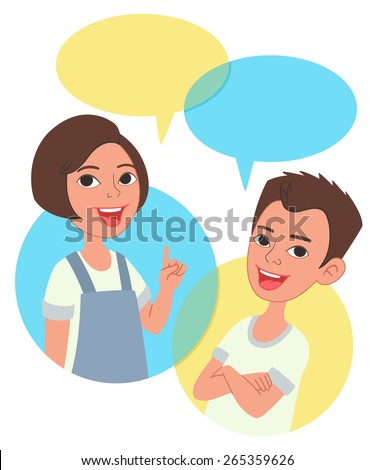 Two cartoon style kids half-length portrait, comics speak bubbles with empty space for text. Caucasian girl and boy talking, asking and answering questions, advising, helping.