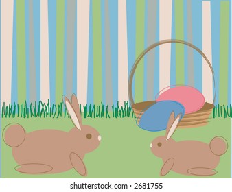 Two cartoon style rabbits on green grass with a contemporary striped background, all in Spring colors, space for a greeting or banner.
