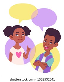 Two Cartoon Style School Kids Vector Illustration, Comics Speak Bubbles With Empty Space For Text. Black African American Children Talking, Asking And Answering Questions, Advising, Helping.  