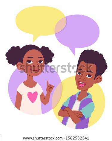 Two cartoon style school kids vector illustration, comics speak bubbles with empty space for text. Black African American children talking, asking and answering questions, advising, helping.  