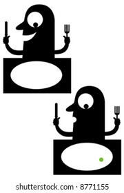 Two cartoon style silhouettes of a diner with an empty plate