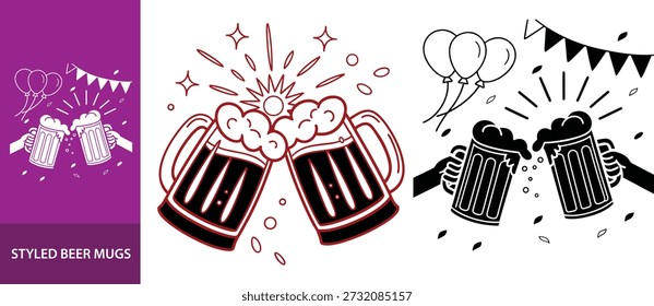 Dos tazas de cerveza de estilo de dibujos animados tintineando junto con un efecto de salpicadura, un símbolo de celebración o un brindis