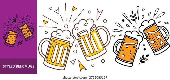 Dos tazas de cerveza de estilo de dibujos animados tintineando junto con un efecto de salpicadura, un símbolo de celebración o un brindis