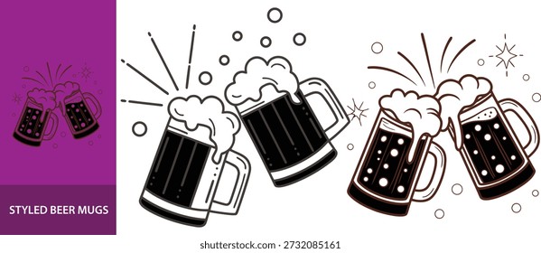 Dos tazas de cerveza de estilo de dibujos animados tintineando junto con un efecto de salpicadura, un símbolo de celebración o un brindis