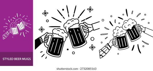 Dos tazas de cerveza de estilo de dibujos animados tintineando junto con un efecto de salpicadura, un símbolo de celebración o un brindis