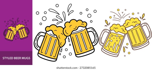 Dos tazas de cerveza de estilo de dibujos animados tintineando junto con un efecto de salpicadura, un símbolo de celebración o un brindis