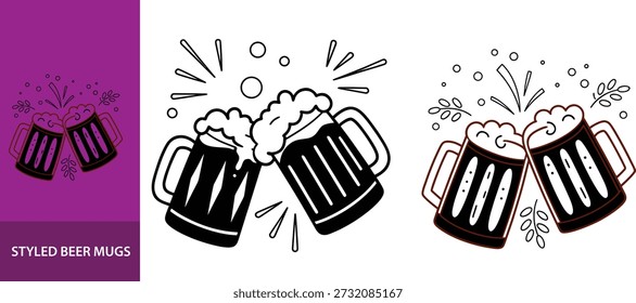 Dos tazas de cerveza de estilo de dibujos animados tintineando junto con un efecto de salpicadura, un símbolo de celebración o un brindis