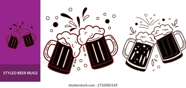 Dos tazas de cerveza de estilo de dibujos animados tintineando junto con un efecto de salpicadura, un símbolo de celebración o un brindis