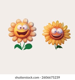 Two Cartoon Sunflower Characters with Happy Expressions