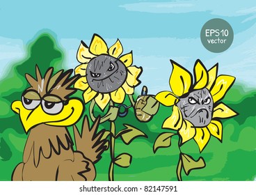two cartoon sunflowers and bird