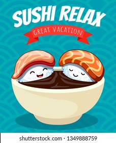 Two cartoon sushi characters bathe in soy sauce.Vector illustration. japanese food poster design. Can use for cards, fridge magnets, stickers, posters, brochures, menu for bar and restaurant. 