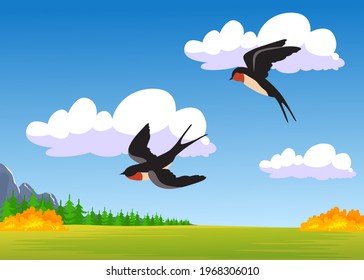 Two cartoon swallows flying over autumn field. Flat vector illustration. Colorful natural landscape and pair of flying birds over meadow with clouds in background. Nature, wild animal, bird concept