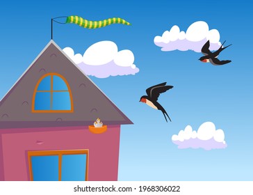 Two Cartoon Swallows Flying To Their Nest. Flat Vector Illustration. Swallows Flying To Their Nest Under Roof Of House To Feed Little Hungry Baby Birds. Nature, Wild Animal, Bird, Care, Family Concept