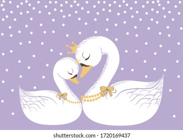 Two cartoon swan with crown on head  vector illustration