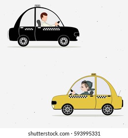 Two cartoon  taxi car and taxi driver
