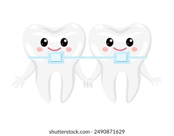 Two cartoon teeth with braces for pediatric dentistry. Straightening crooked teeth.