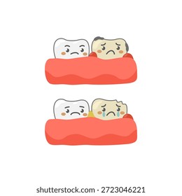 Dos dientes de dibujos animados en encías rojas, uno sano, uno cariado y triste, ilustran problemas dentales como caries, enfermedad de las encías e higiene oral en un estilo lúdico y educativo.
