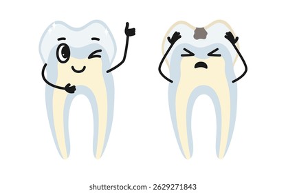 Two cartoon teeth showing childish importance of maintaining oral hygiene dental health. Happy tooth giving thumbs up and sad character illustration. Mouth hygiene and toothache vector comic poster