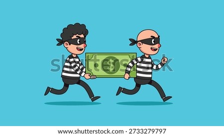 Two cartoon thieves in striped shirts and masks are running while carrying a large dollar bill, depicting a robbery or theft.