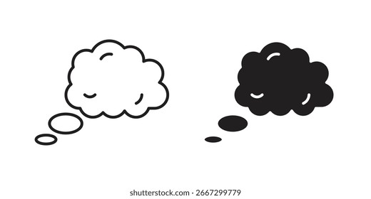 Dos burbujas de pensamiento de dibujos animados, una negra y otra blanca, aisladas en blanco. Diseño simple, perfecto para conceptos de comunicación.
