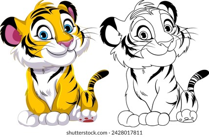 Two cartoon tigers, one colored and one outlined.
