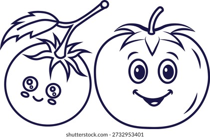Dos tomates de dibujos animados con caras y subgrupos están ilustrados juguetonamente en azul