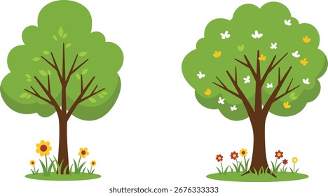 Duas árvores de desenho animado com folhas verdes e flores na base, isoladas sobre um fundo branco. Ilustração da primavera.