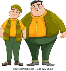 Dos hermanos gemelos de dibujos animados con mejillas gordas y sonrisas grandes.