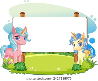 Two cartoon unicorns beside a blank banner.