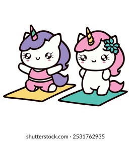 Two cartoon unicorns are doing yoga