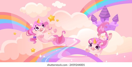 Two cartoon unicorns playing on clouds and a rainbow, with a pastel rainbow-colored background, conveying a magical, whimsical theme. Vector illustration