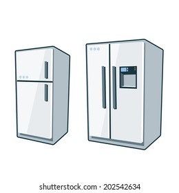 Two cartoon vector icons of refrigerator and side-by side refrigerator. 