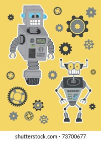 Two cartoon vector robot characters - Sticker Style Illustration