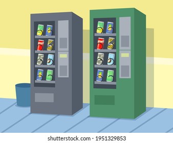 Two cartoon vending machines with different drinks. Flat vector illustration. Two colorful automatic drinks vending machines standing against wall. Shopping, marketing concept for banner design