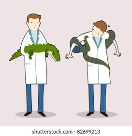 Two cartoon veterinarian with exotic animals