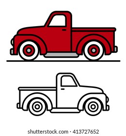 Two Cartoon Vintage Pick-up Truck Outline Drawings, One Red And One Black And White, In Side View, Vector Illustration