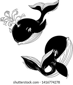 Two cartoon whales painted in black and white. The drawing is made by hand and has a positive character. dolphins in love. Illustration for t-shirt print design, book, greeting card. Child character