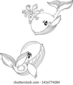 Two cartoon whales painted in black and white. The drawing is made by hand and has a positive character. dolphins in love. Illustration for t-shirt print design, book, greeting card. Child character