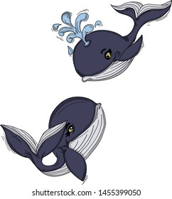 Two cartoon whales painted in blue. The drawing is made by hand and has a positive character. dolphins in love. Illustration for t-shirt print design, book, greeting card. Child character